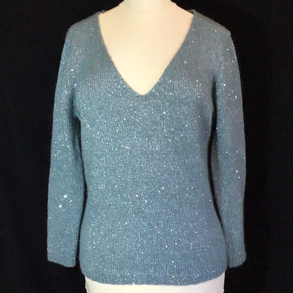 Light Blue Sweater with silver sequins and thread.